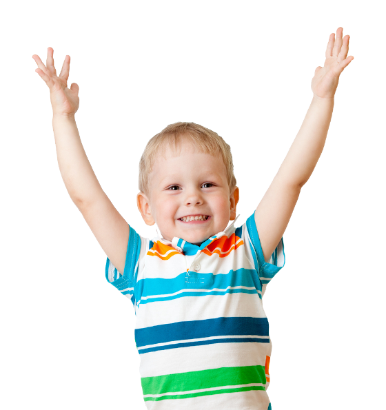 A cheerful young boy in a striped shirt with his hands in the air